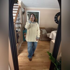 Altar'd State Cream Cable Knit Sweater with Gray Ribbed Collar
